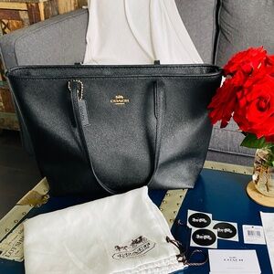 COACH City Tote Bag | Black Leather & Gold Hardware | Original Documents